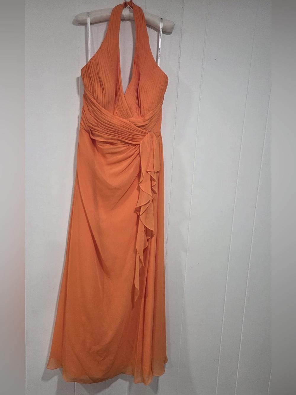 David's Bridal One-Shoulder Orange Halter Evening Gown